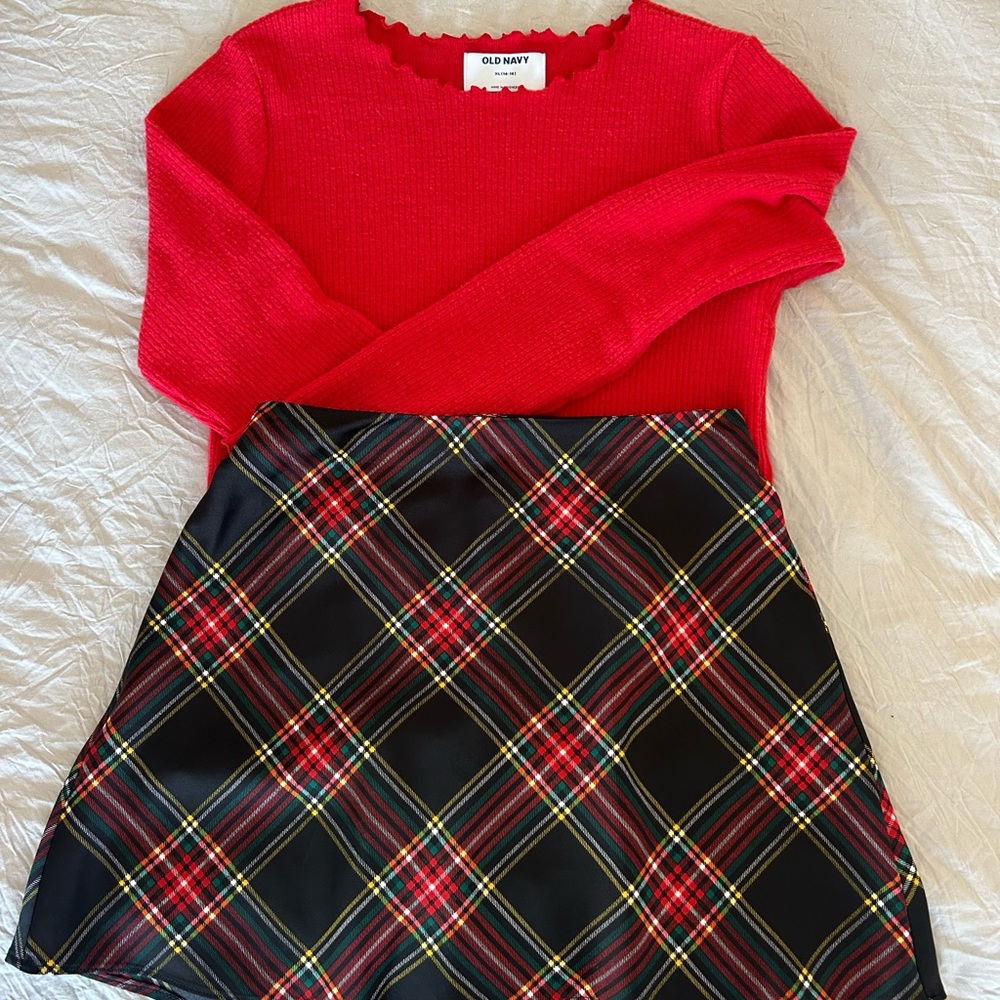 Old Navy Red Top and JCrew Black Plaid Skirt Set NWOT